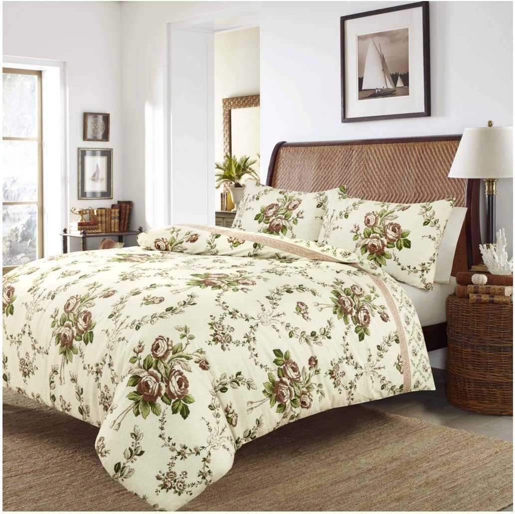 KARKARM Olivia Flannelette Floral Duvet Cover Single Natural 100% Brushed Cotton Flannel Duvet Cover Sets with Pillowcase Reversible Thermal Floral Bedding Quilt Covers Set