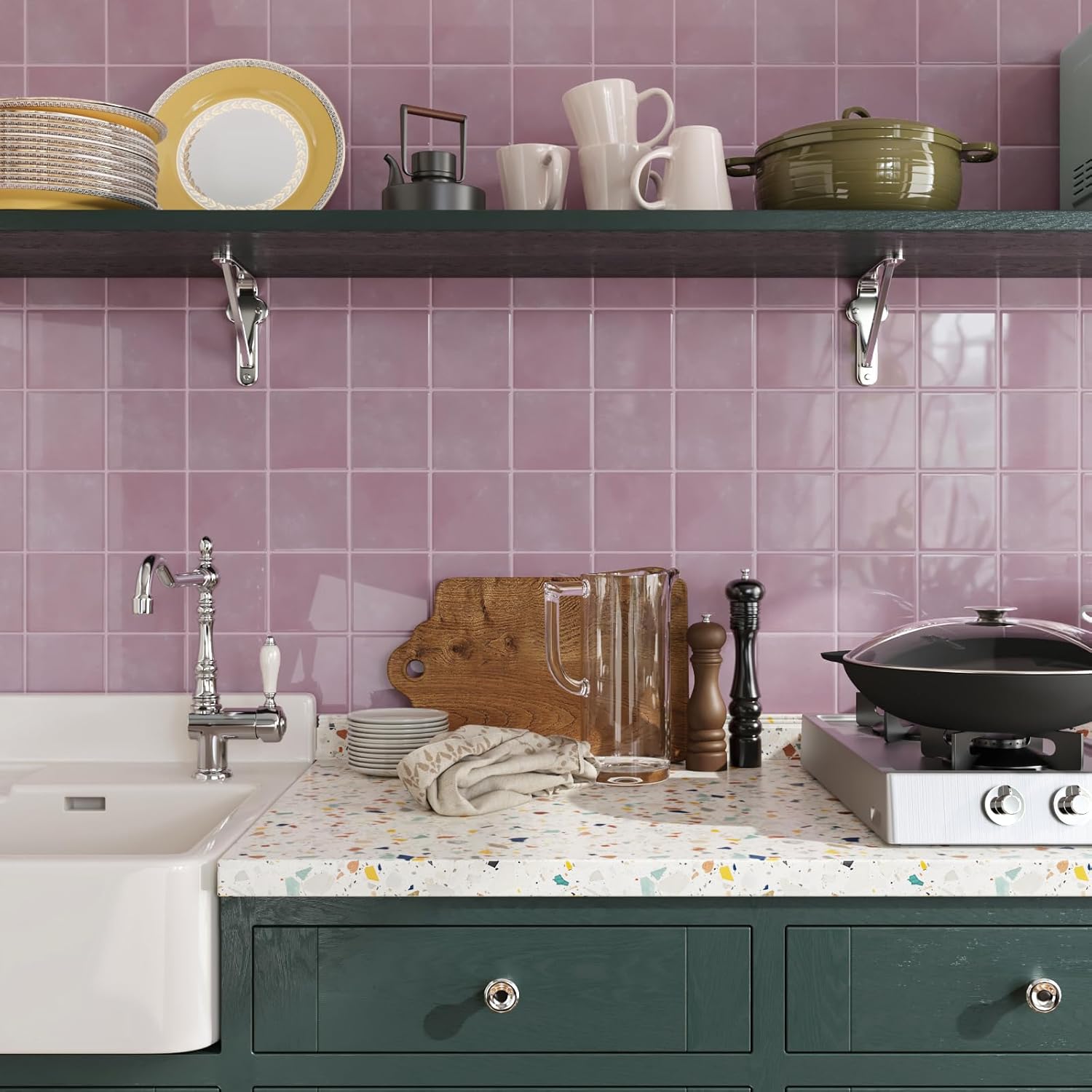 CRE8TIVE 16 Sheets Peel and Stick Tiles Backsplash, 12"x12" Backsplash Tile for Kitchen Peel and Stick, Adhesive Waterproof Tile Stickers for Bathroom, Laundry Room, Shower Walls (Pastel Pink Square)
