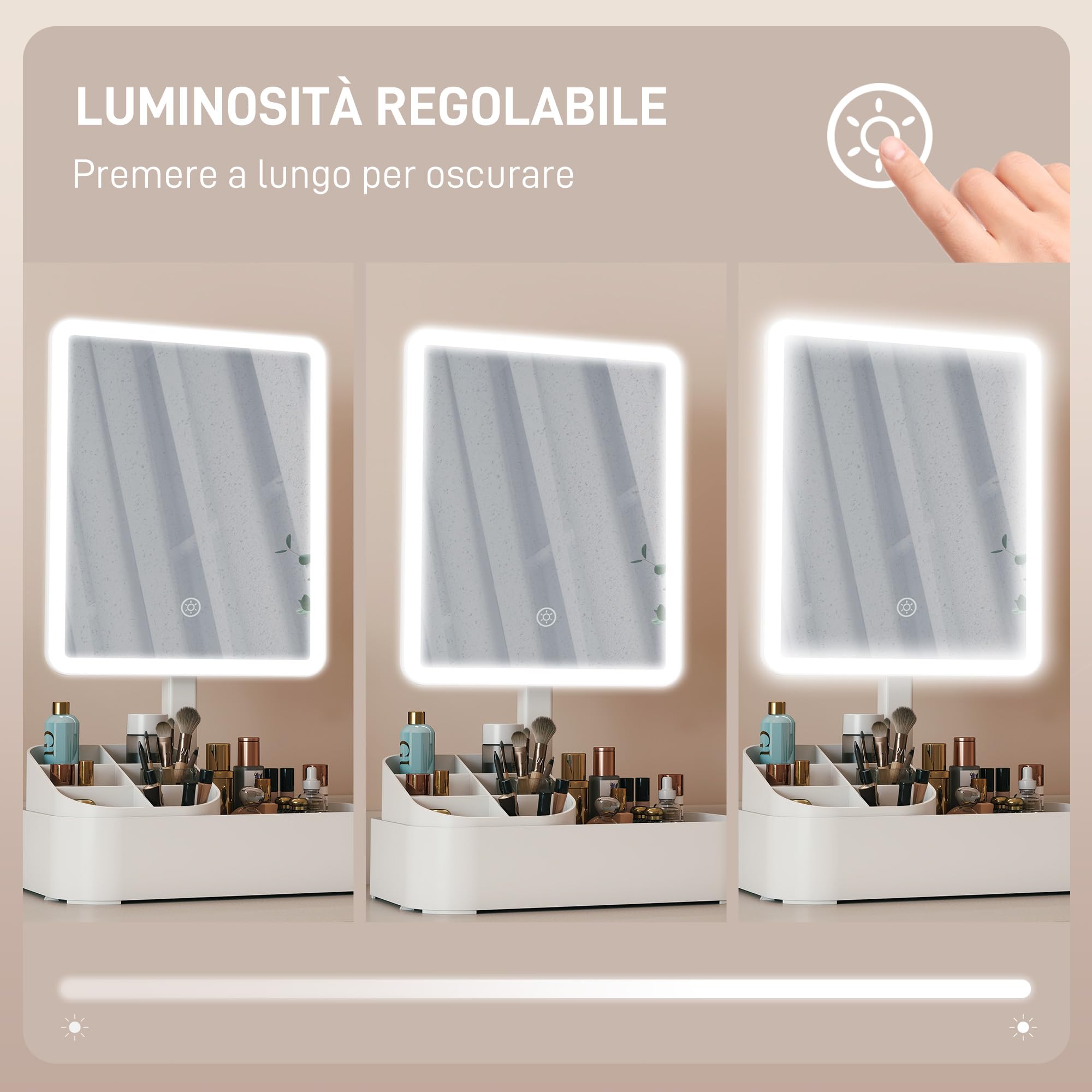 HOMCOM Specchio da Trucco con Luce Dimmerabile, Specchio Illuminato con Regolazione Touch, 2 Modalità di Illuminazione, Rotazione 180°, Specchio Rimovibile e Organizer per Trucchi, Bianco