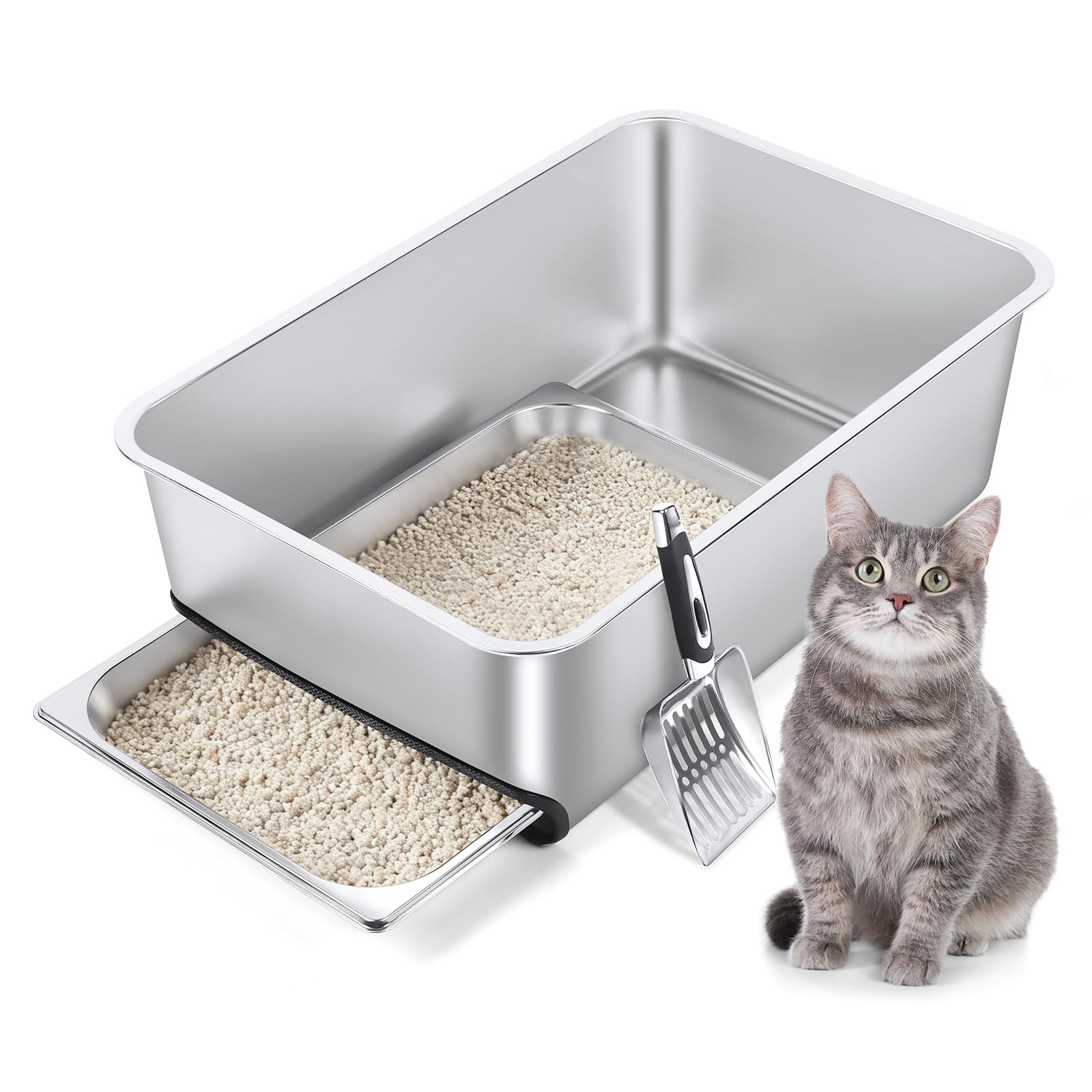 Stainless Steel Litter Box, 23.6''x15.7''x8'' Semi-Closed, with Pull Out Drawer, Strainer, Shovel for Large Cats, Easy Cleaning