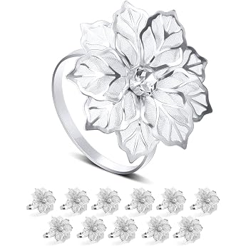 Pack of 12 Napkin Rings Silver Macrame Napkin Rings Set with Rhinestones Napkin Buckles for Wedding Table Decoration Metal Napkin Ring with Hollowed Flower