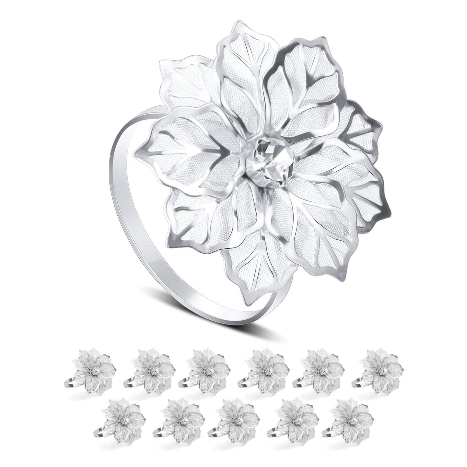 JVHLOV 12 Pack Flower Napkin Rings, Floral Napkin Holders Silver