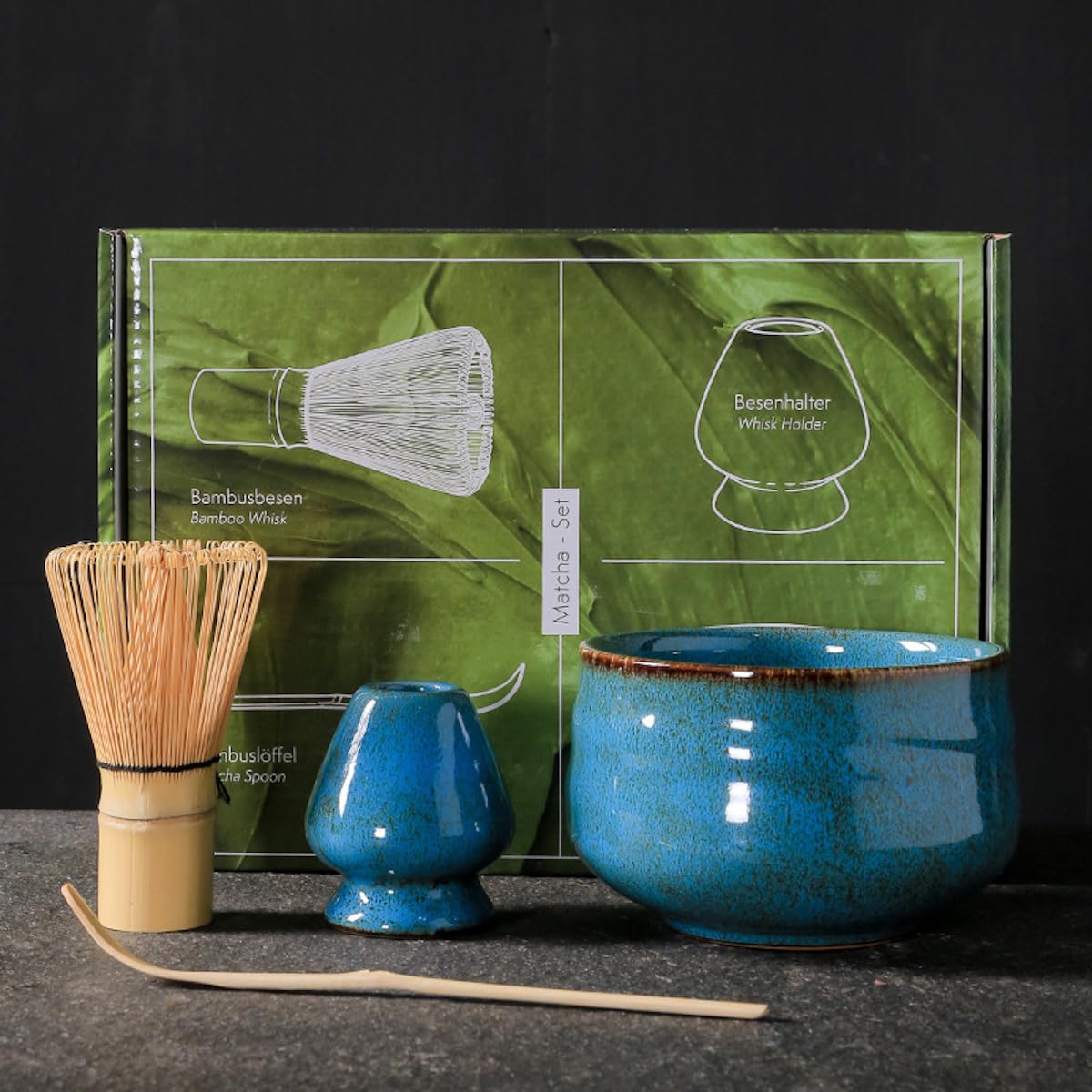 JIKANNOYA Matcha Set 4 Piece Chasen 100 Prong Bowl Stand Blue 20oz