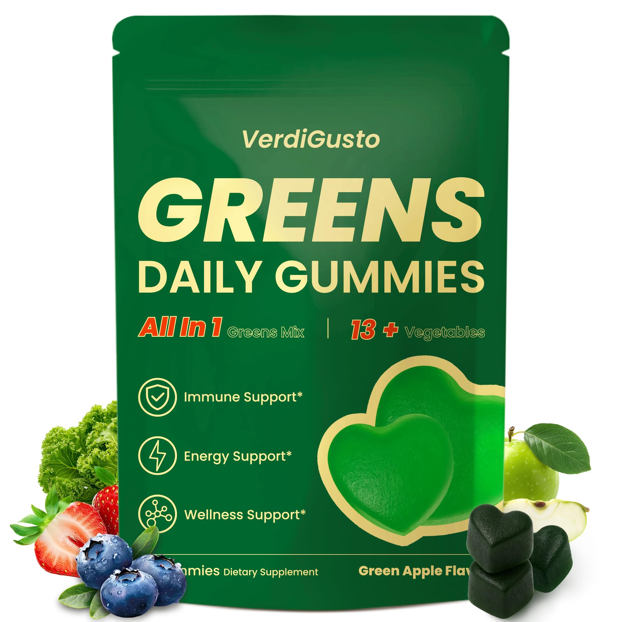 Greens Gummies | Superfood Greens Supplement with 20+ Vegetables & Fruits | Supports Immune Health, Energy & Daily Wellness | Natural Green Apple Flavor | Vegan, Gluten-Free, Soy Free