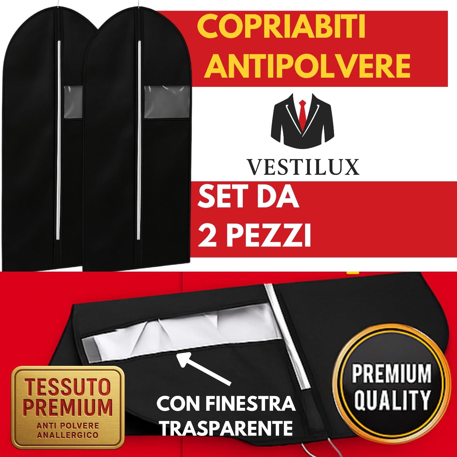2 Copriabiti da Armadio 100 x 60. Custodia Antipolvere e Antiacari con Zip. Porta Abiti Protettivo e Traspirante per Giacche e Cappotti.