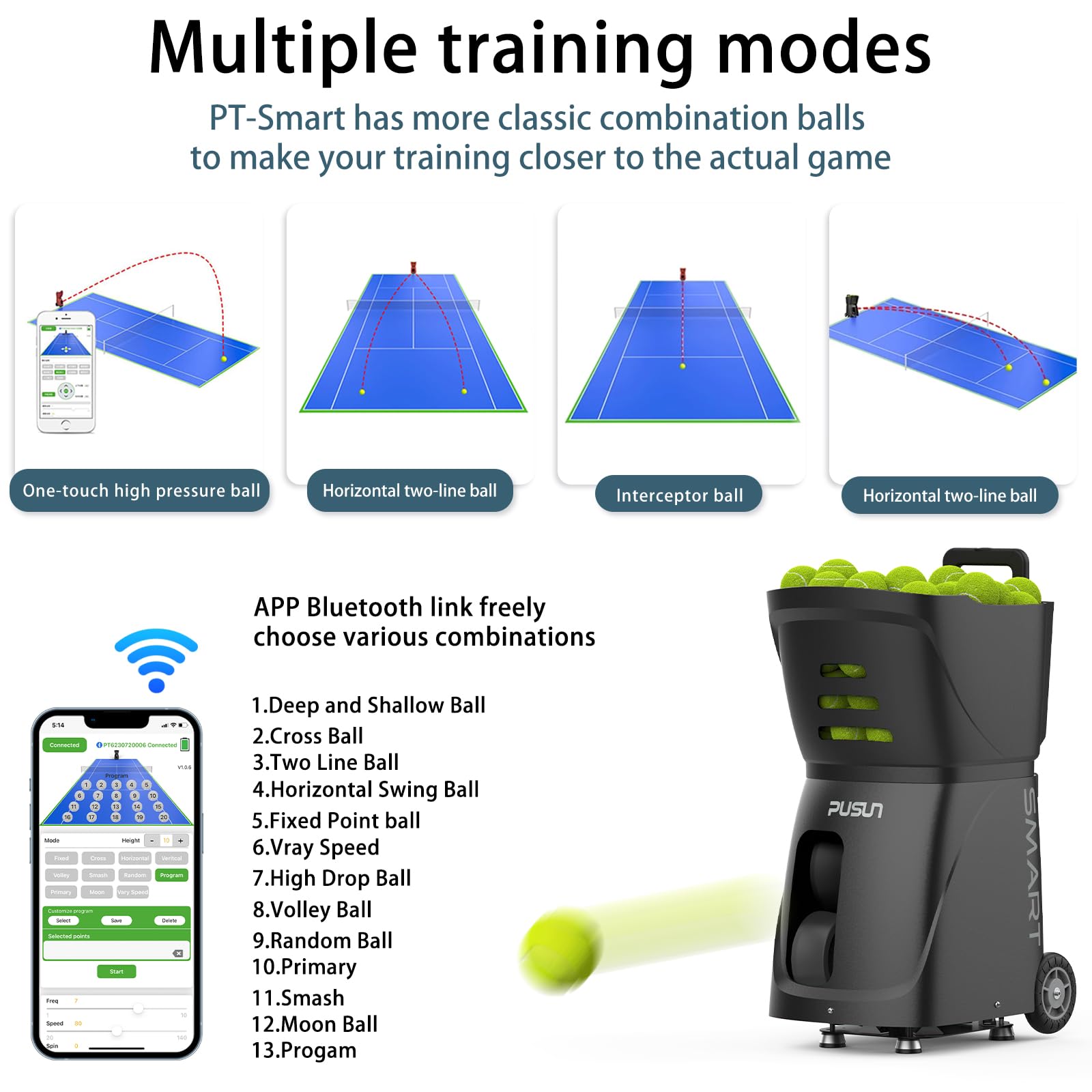 PT-Smart Tennis Ball Machine - Smart App for Apple Watch & Phone Control, Tennis Ball Launcher with 20 Landing Points, 12 Training Modes & 4-6h Battery Life, Tennis Serving Machine (Black)