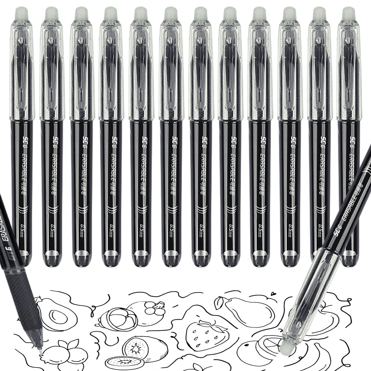 WOGOPRO12 Pcs Erasable Pens Black, Rub Out Pens with Eraser, 0.5mm Tip Gel Ink Eraser Pen with Rubbers on the End for Kids Adults Writing Stationary School Supplies