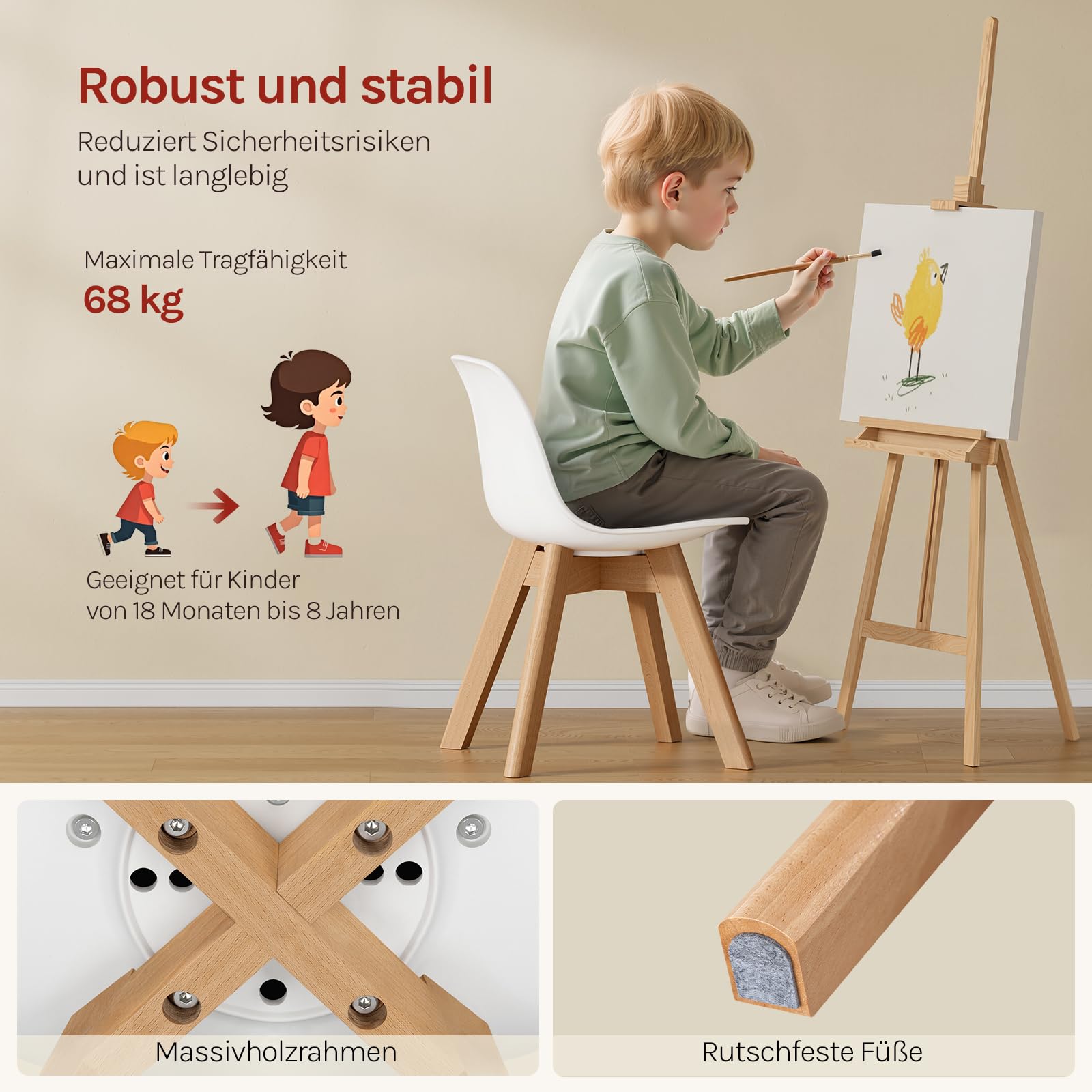 WOLTU Kinderstühle mit Holzbeinen, Stuhl für Kinder, Sitzhöhe 33 cm, Stabile Kinder Stühle mit Rückenlehne für Kinderzimmer, Sitzgruppe Kindertisch, 56 x 38 x 33 cm, Weiß