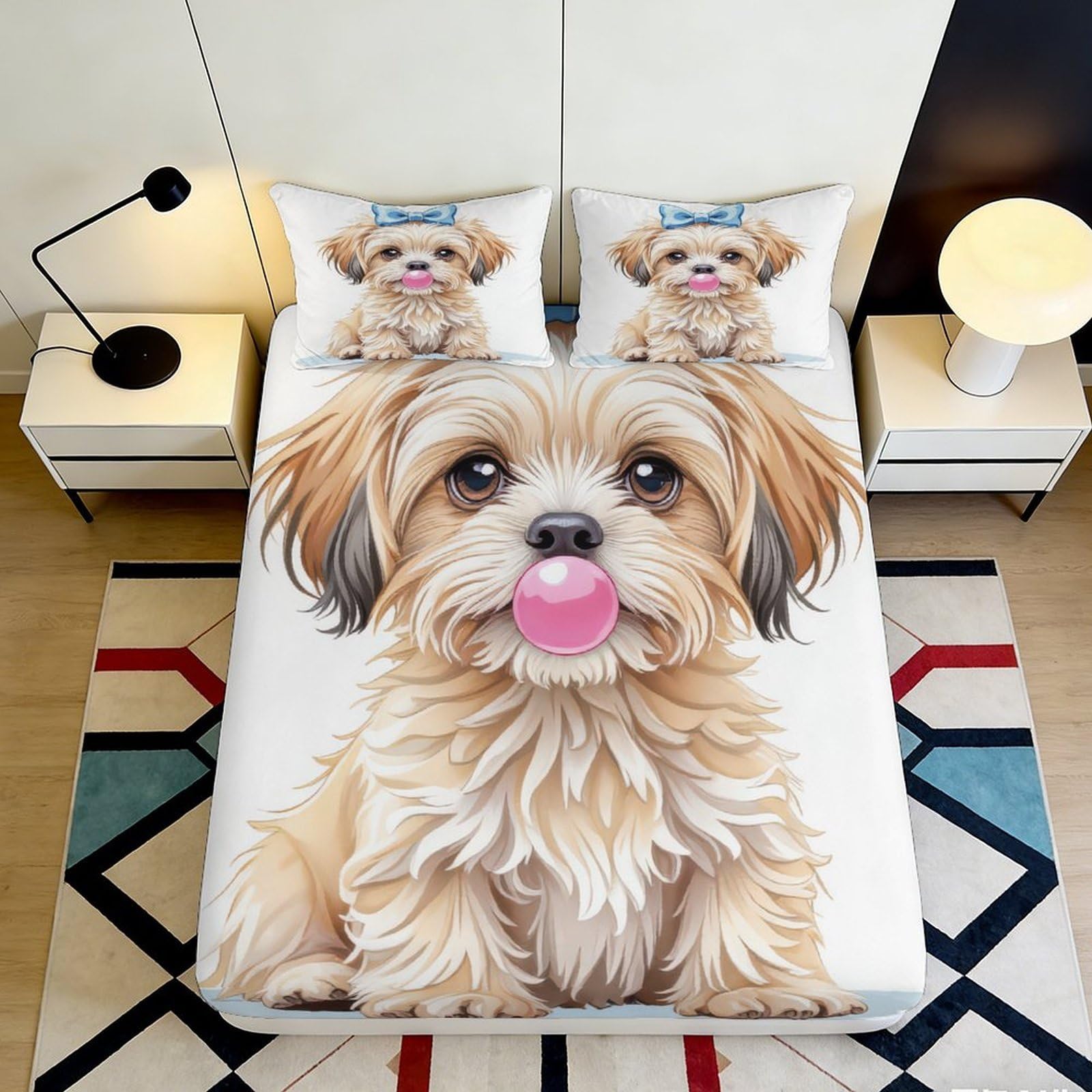 3D Printed Cute Puppy Fitted Sheet Microfiber Soft Breathable Dog Face Mattress Cover for Bedroom Guest Room Decor 90x200x25cm
