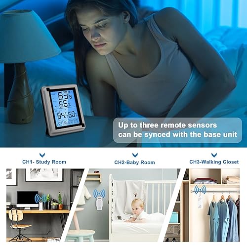 Miniatura 3 de Medidor de humedad higrómetro, termómetro inalámbrico para interiores y exteriores con 1 sensor remoto, termómetro de habitación para el hogar,