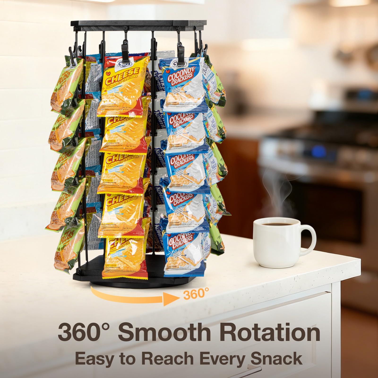 PUERSI Snackregal aus Holz, 5 Etagen Chipständer mit 40 Clips, Drehbarer Snack Display Ständer für Bürotheke, Snack-Organizer, Süßigkeiten Aufbewahrung für Party, Einzelhandel, mit Tafel - Schwarz