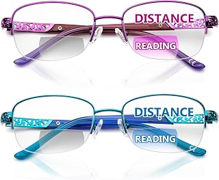 DEHOTRE Progressive Multifocal Reading Glasses Women No Line Bifocal Readers with Nose Pad Metal Half Frame Mid-Near Range