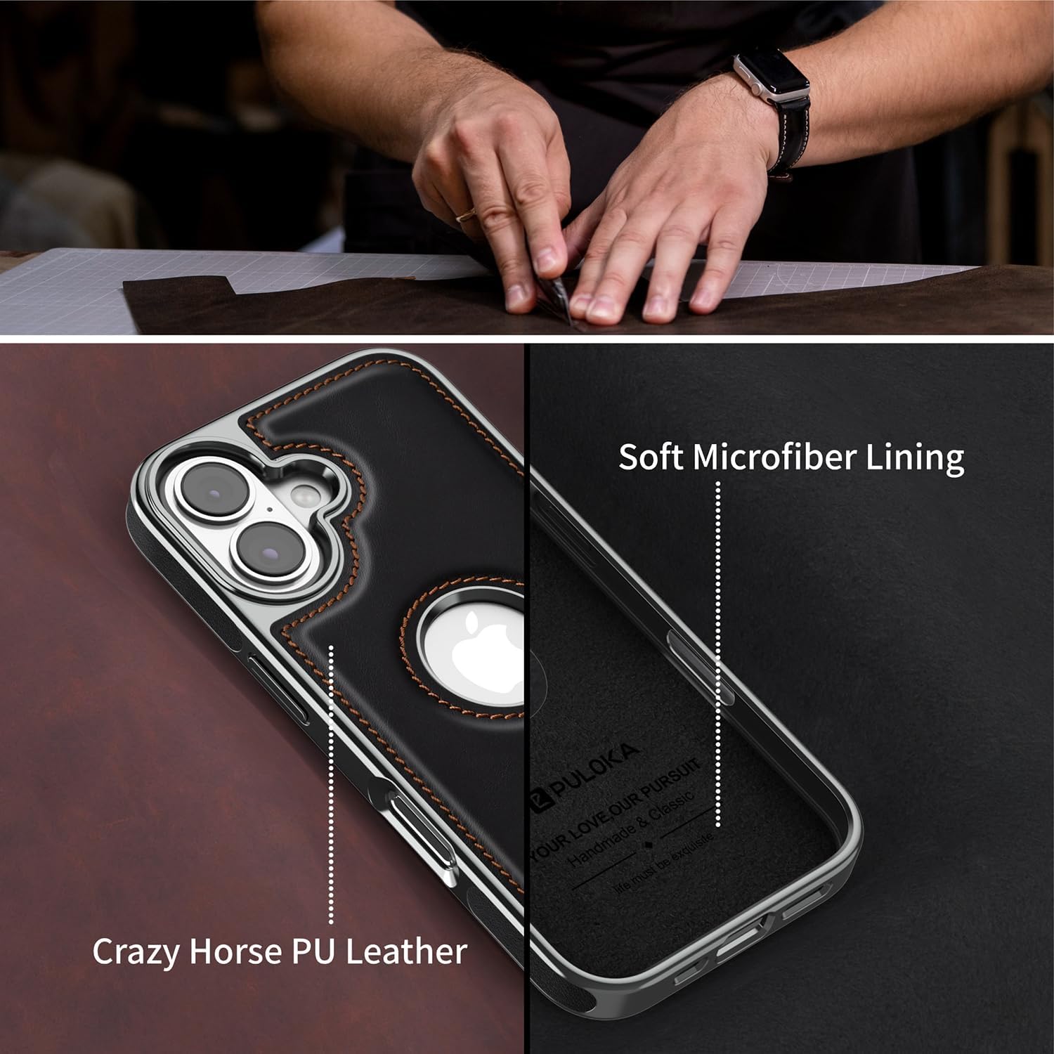 PULOKA for iPhone 16 Plus, Leather Covered Phone Case with Kickstand Phone Cases (Black) - Image 5