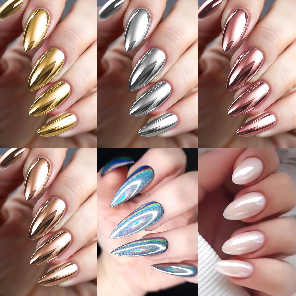 Kit de polvo de uñas cromado y gel de uñas 3D, efecto espejo metálico, polvo cromado para arte de uñas, pigmento iridiscente holográfico de polvo de inmersión Aurora y gel de escultura de 2