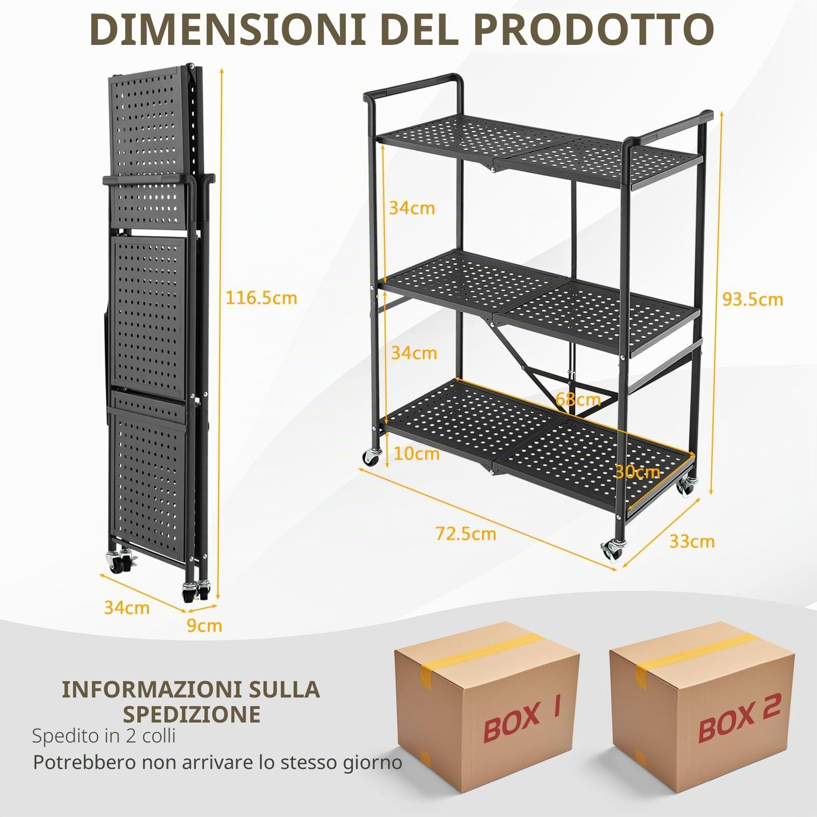 HOMASIS carrello di servizio pieghevole a 3 livelli, con 4 ruote e 2 freni, compatto, ripiani in metallo per cucina, nero