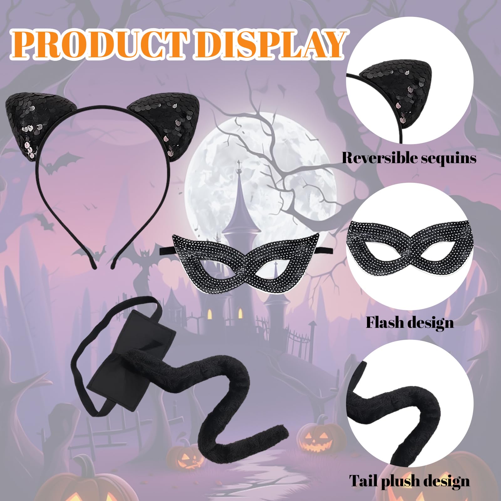 Cat Costume, 5 Pcs Cat Woman Outfit With Ears, Mask, Choker, Gloves And Tail, Cosplay Costumes for Women Halloween Party - Image 3