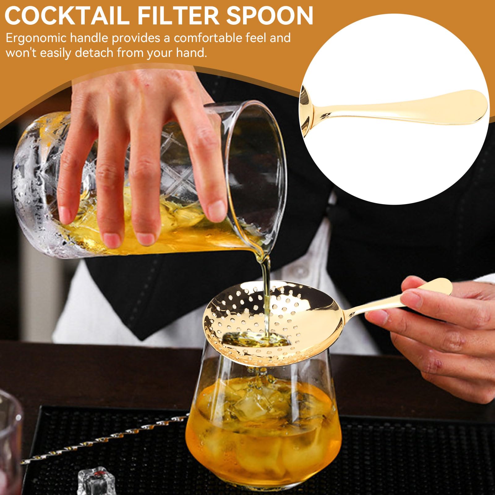 Colador Julep de acero inoxidable, colador de cóctel, colador de cóctel, cuchara, colador de bebidas con asa para el hogar o bar comercial (dorado) 5