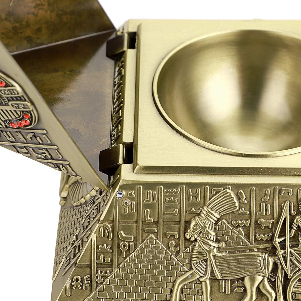 Hipiwe Windproof Metal Pyramid Ashtray - Vintage Egyptian Style Cigarette Ashtray Holder with Lid, Desktop Tobacco Ash Tray for Outdoor Indoor, Patio, Office, Home Decorative Art, Bronze