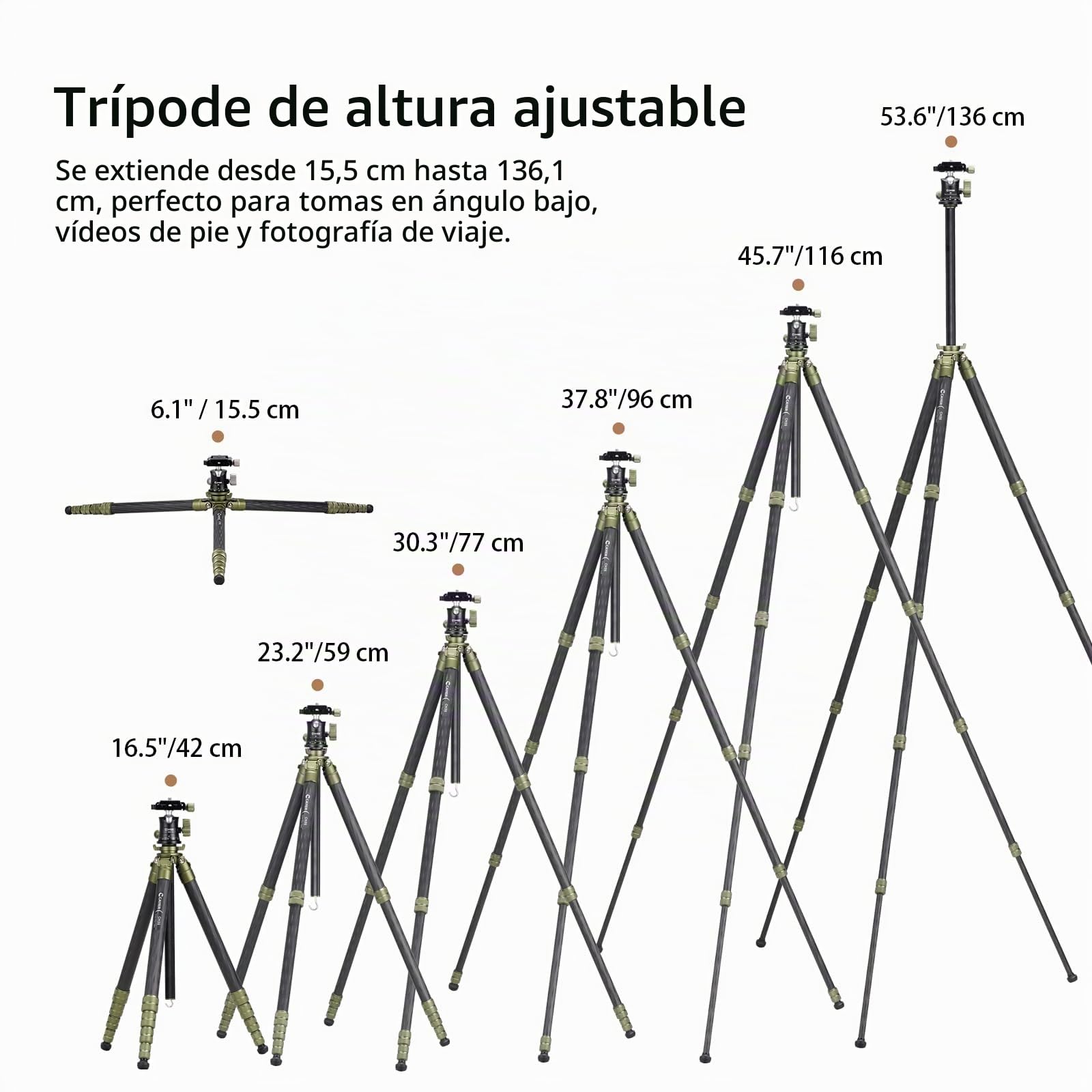 Cayer CH35 Trípode Viaje para Cámaras,Trípode Compacto de Fibra de Carbono,Soporte Compacto 53.6 Pulgadas, Carga Máxima de 17.6 lbs para Sin Espejo, Videocámaras, Teléfonos Móviles Cámaras Web | Trípode compacto, patas de 5 secciones, placa tipo arca, car