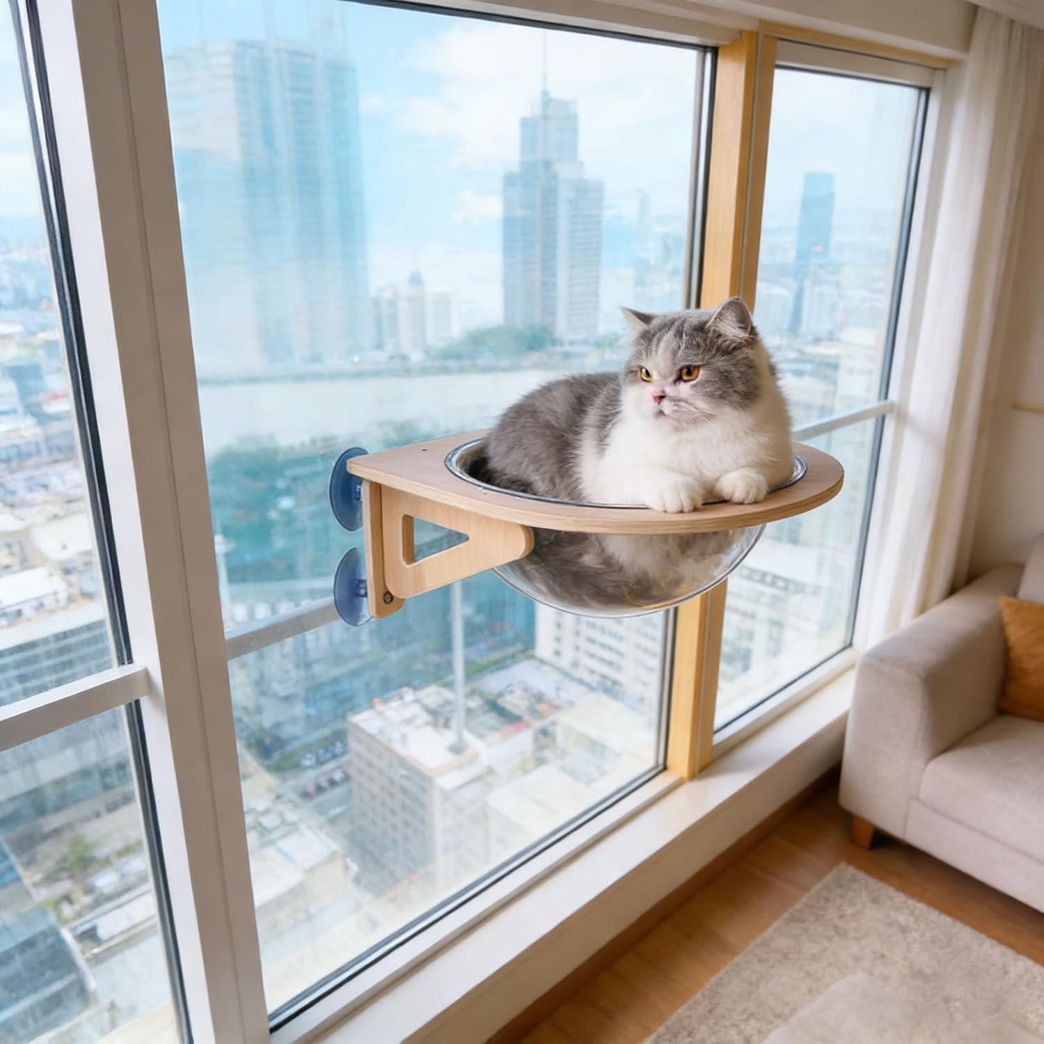 Cat Wall Shelves, Clear Bubble Suction Cup Kitty Lounge, Cat Window Perch, for Indoor Living Room Home Indoor Apartment Corner (Brown)