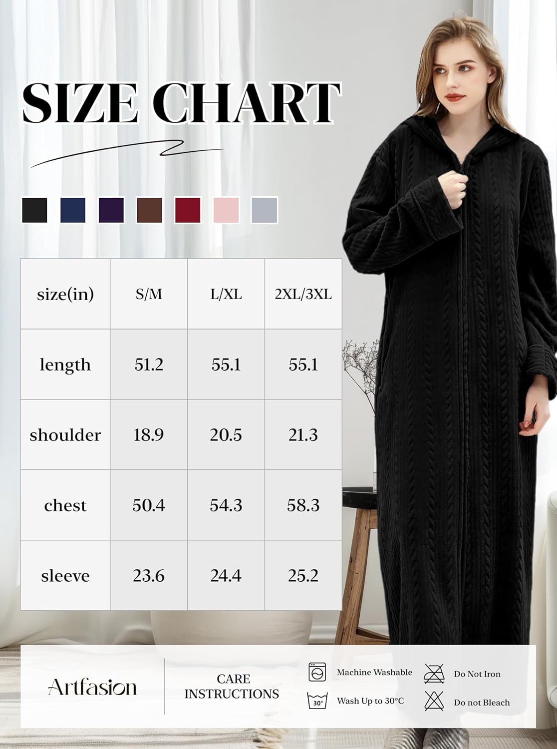 Artfasion Womens Robe Long Zipper Front Hooded Full Length Housecoat Sleepwear for Ladies - Image 7