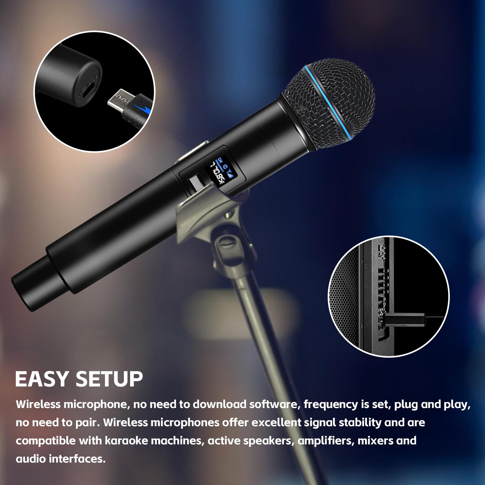 Microphone Sans Fil,Double Portable Micros Dynamiques Avec Récepteur Rechargeable,Micro Dynamique A Main Double,Microphones A Main Sans Fil Pour Karaoké,Fête,Réunion