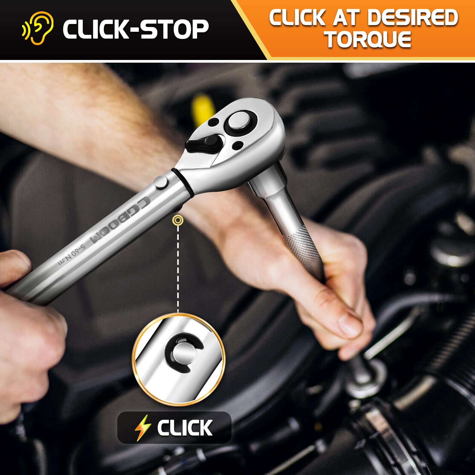 CGBOOM Llave dinamométrica 3/8", 5-60 Nm, juego de llaves dinamométricas para coche, bicicleta y motocicleta, extensión de 250 mm, articulación universal