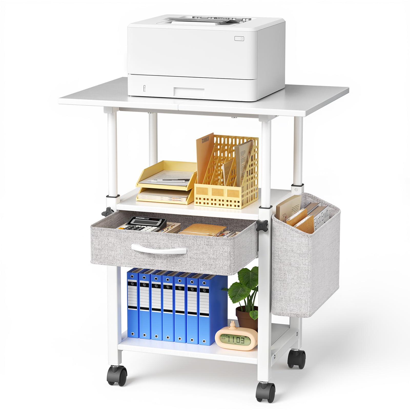 Mesa de impresión con ruedas Soporte de impresora de 3 niveles, mesa de impresora con cajón y bolsillo lateral, carrito grande con ruedas con estante ajustable para oficina y hogar (1)