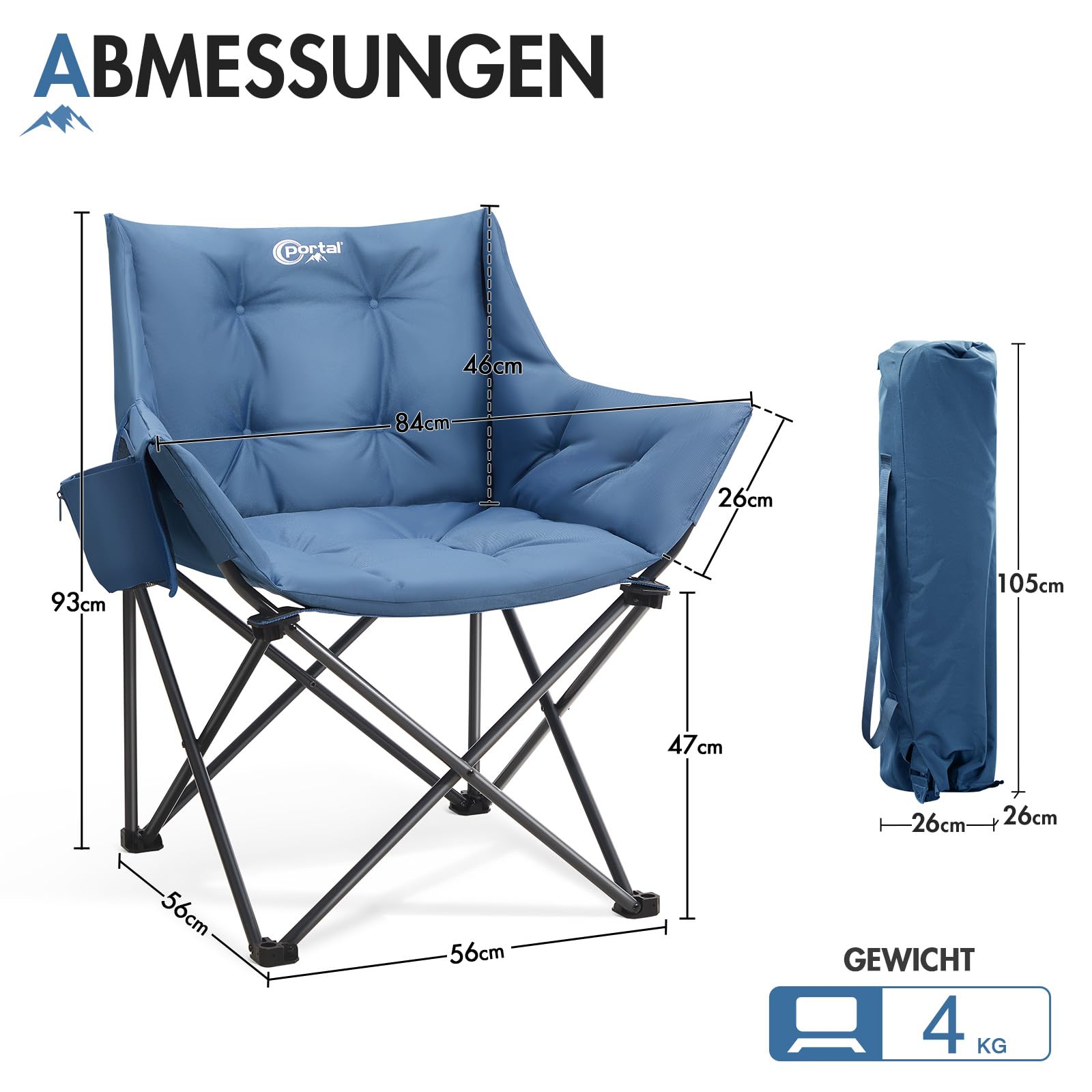 Portal Campingstuhl Faltbar Klappstuhl Camping Klappbar Super Weich 150kg Belastbar Faltbarer Angelstuhl XXL Dick Gepolstert mit Armlehnen Outdoorstuhl Schwarz