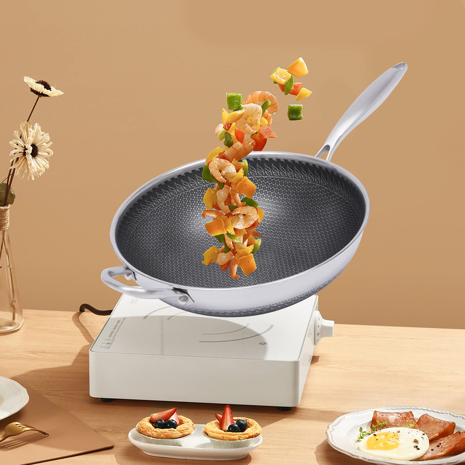 Wok padella con coperchio, wok in acciaio inox da 12 pollici, padella wok con rivestimento a nido d'ape, antiaderente wok con coperchio, set wok a induzione