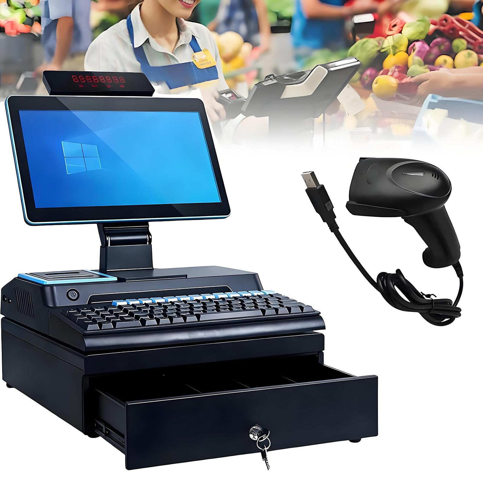 Terminal TPV táctil de 15,6'' en azul con impresora térmica, teclado y cajón
