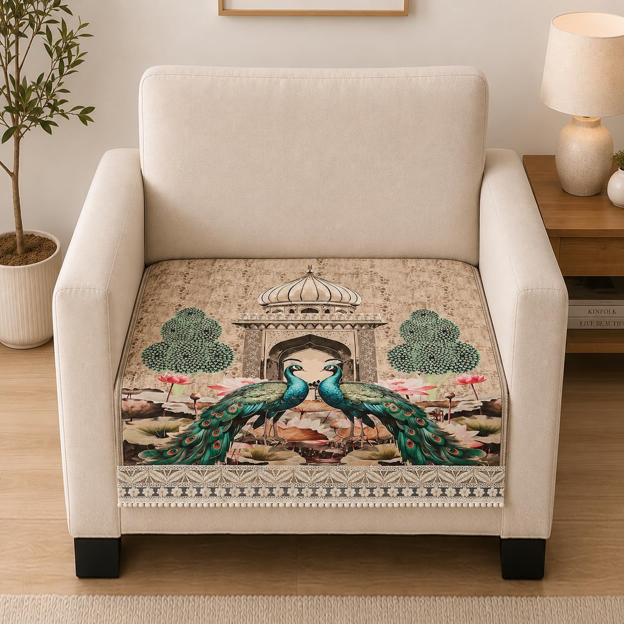 Clasiko Suede Velvet Sofa Mat 1 Seater | Royal Peacock - Ivory Beige | Anti Skid & Machine Washable Sofa Cover Protector-image-21