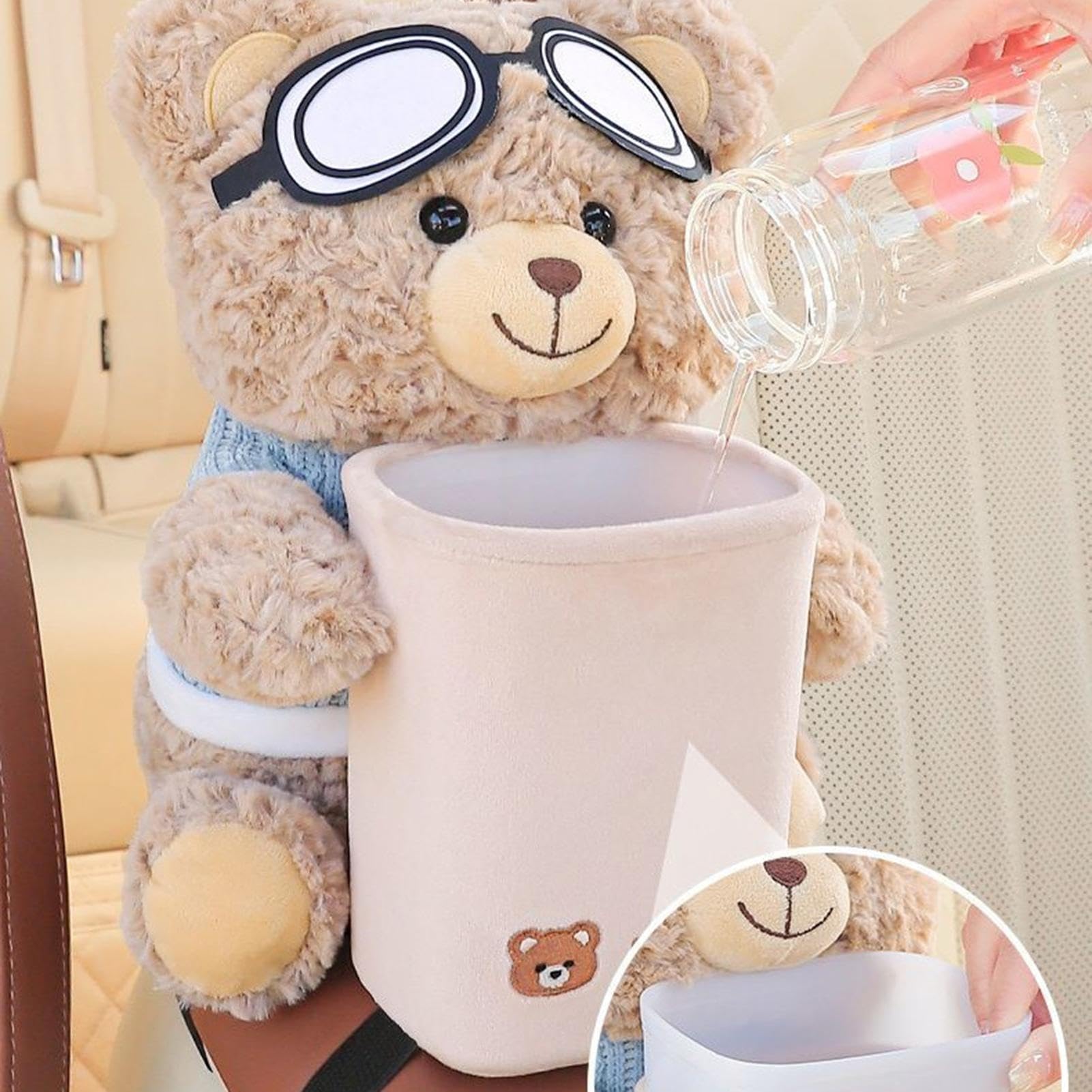Porte-mouchoirs et poubelle en peluche mignon en forme d'ours 2 en 1 avec lunettes d'aviateur, imperméable, beige, 25 x 22 x 28 cm