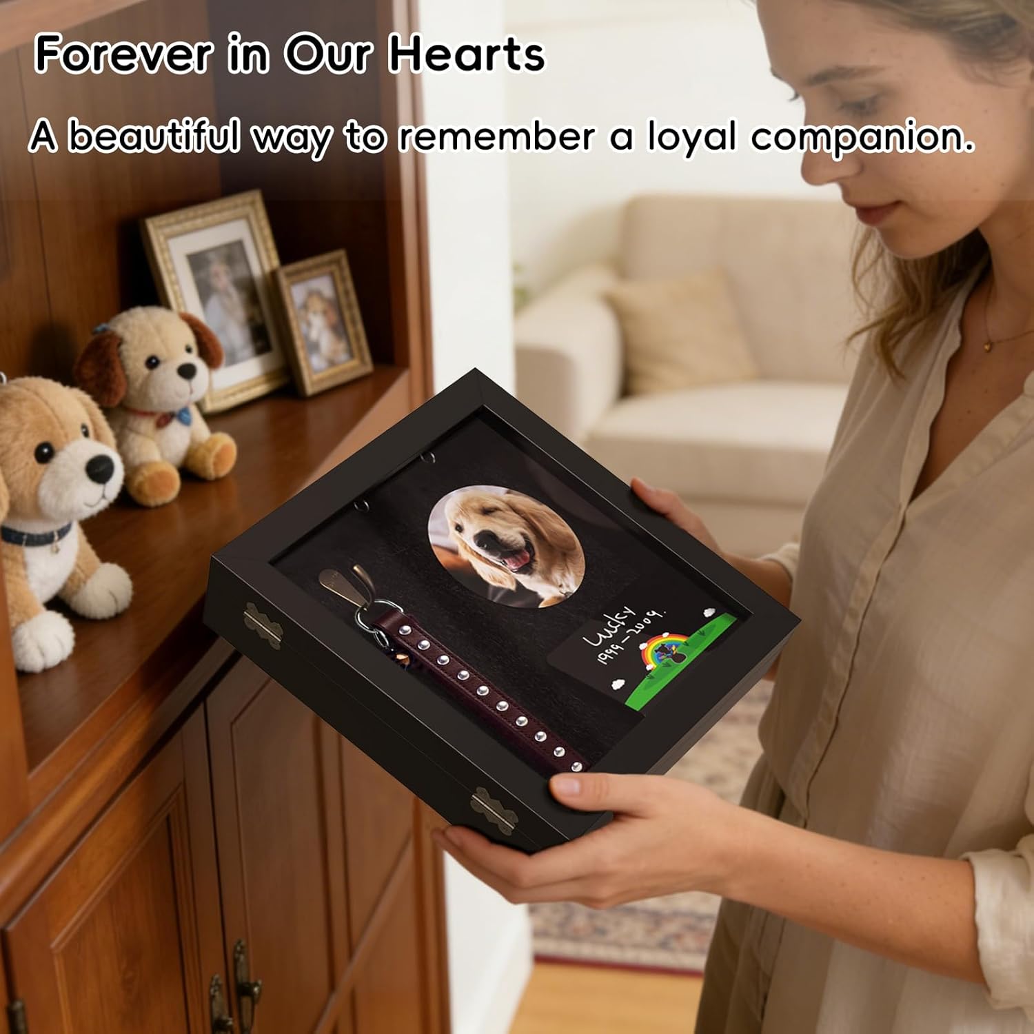 Pet Memorial Shadow Box for Dog or Cat, Wooden Pet Memorial Box with Collar Holder, Keepsake Bottle & Memorial Plaque, Pet Loss Sympathy Gift, Tabletop or Wall Display
