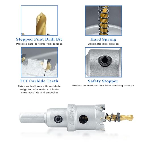Miniatura 3 de Luomorgo Sierra de agujero de carburo TCT de 1 pulgada y 1.004 in con punta de carburo de tungsteno con 2 brocas piloto chapadas en titanio para