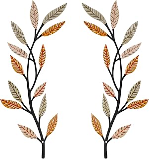 Metal Tree Leaf Wall Decor 2 PCS Rustic Vine Branch Leaf Wall Art for Living Room Bedroom Bathroom Decorations - Sunlit Wheat