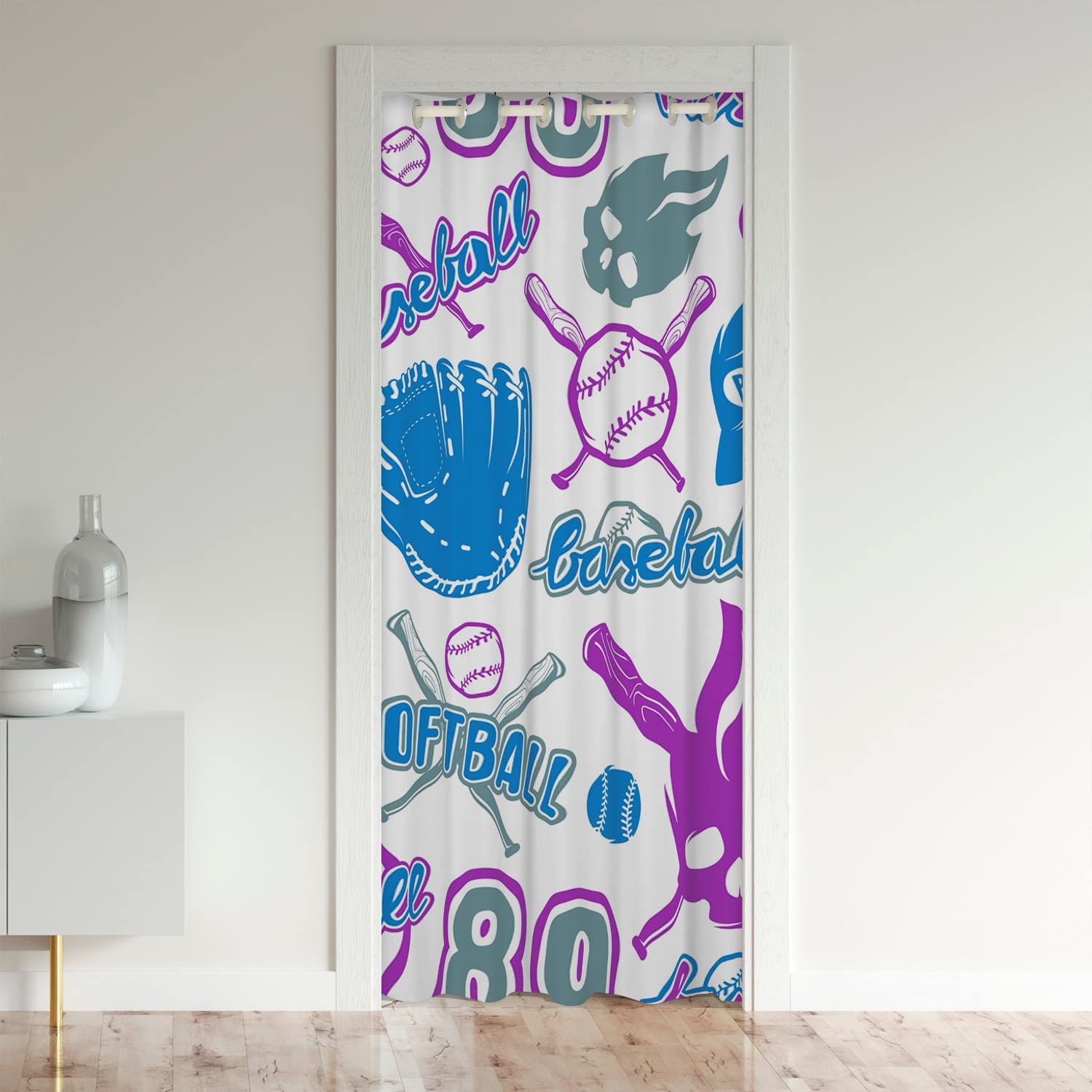 Loussiesd Softball Darkening Blackout Curtain Sports Door Curtain Doorway Privacy Teen Ball Skull Decor Closet Door Cover Curtain Gothic Bones Closet Door Cover Curtain 106x203cm