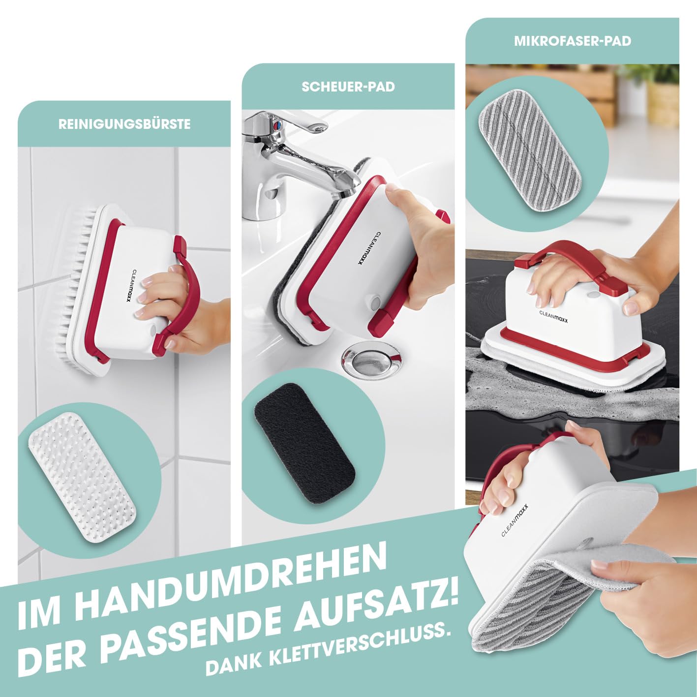 CLEANmaxx Akku-Vibrations-Reiniger für Hartböden, Fliesen & Oberflächen | 2in1 Bodenreiniger & Handbürste | Kabelloses Reinigen für mehr Flexibilität | Mit ausziehbarem Stiel | Inkl. 3 Reinigungspads