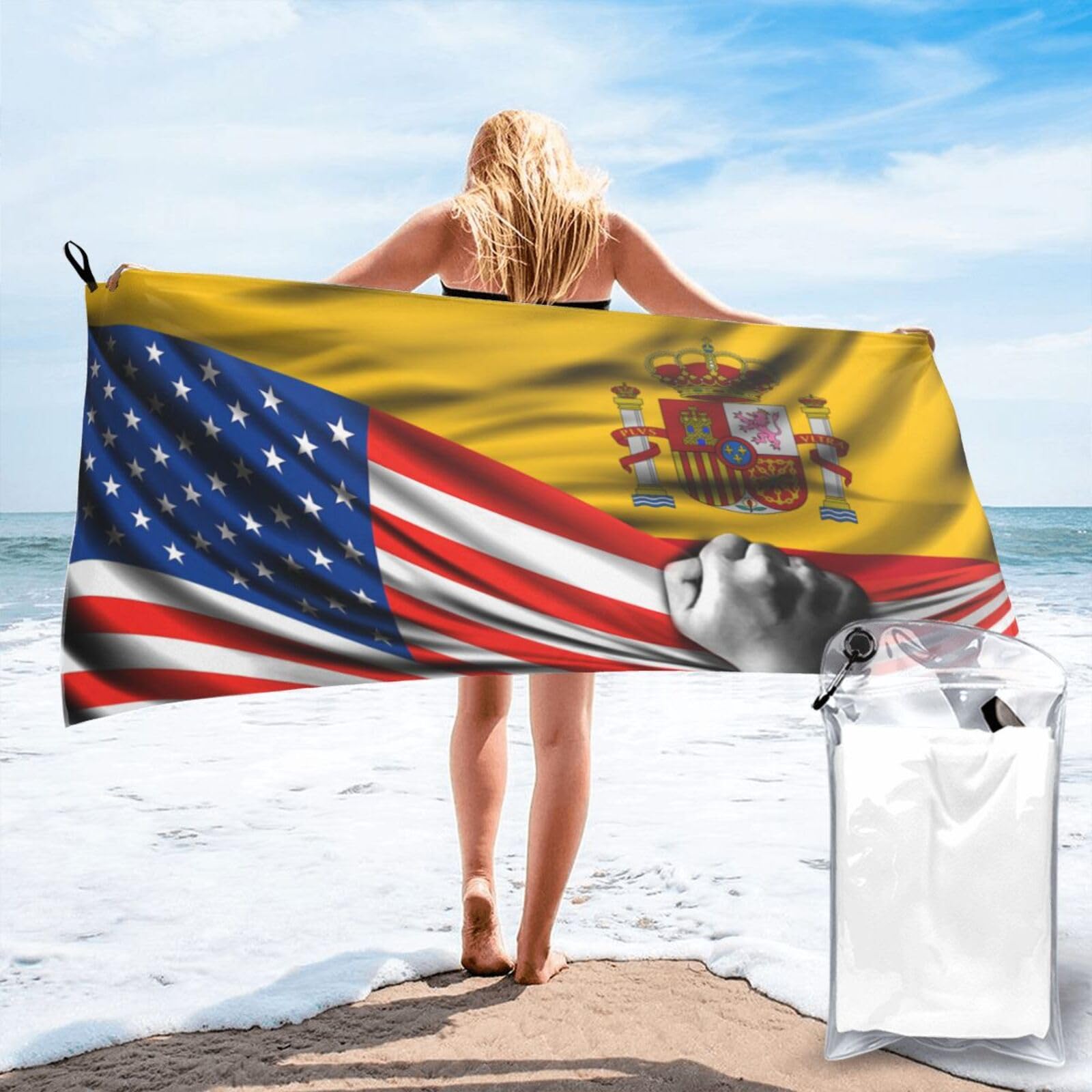 HACXZ Beach Towel America Flag and Spain Spanish Flag Microfiber Beach Towel Lightweight Absorbent 27.5"X55"