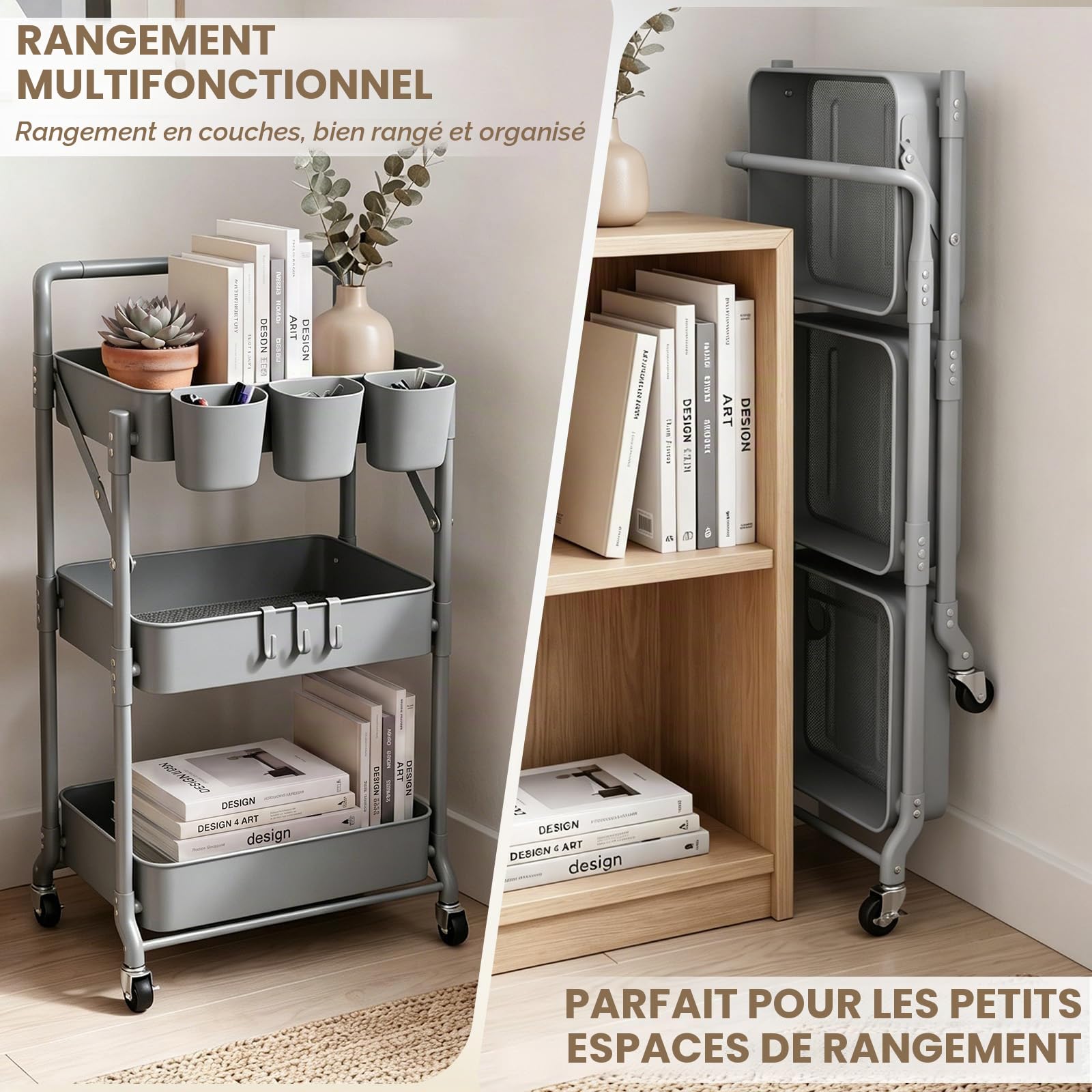Desserte à Niveaux Aver roulettes Pliante Petit Multifonction Chariot De Rangement pour Cuisine/Buanderie/Salle De Bain/Esthetique (Gris)