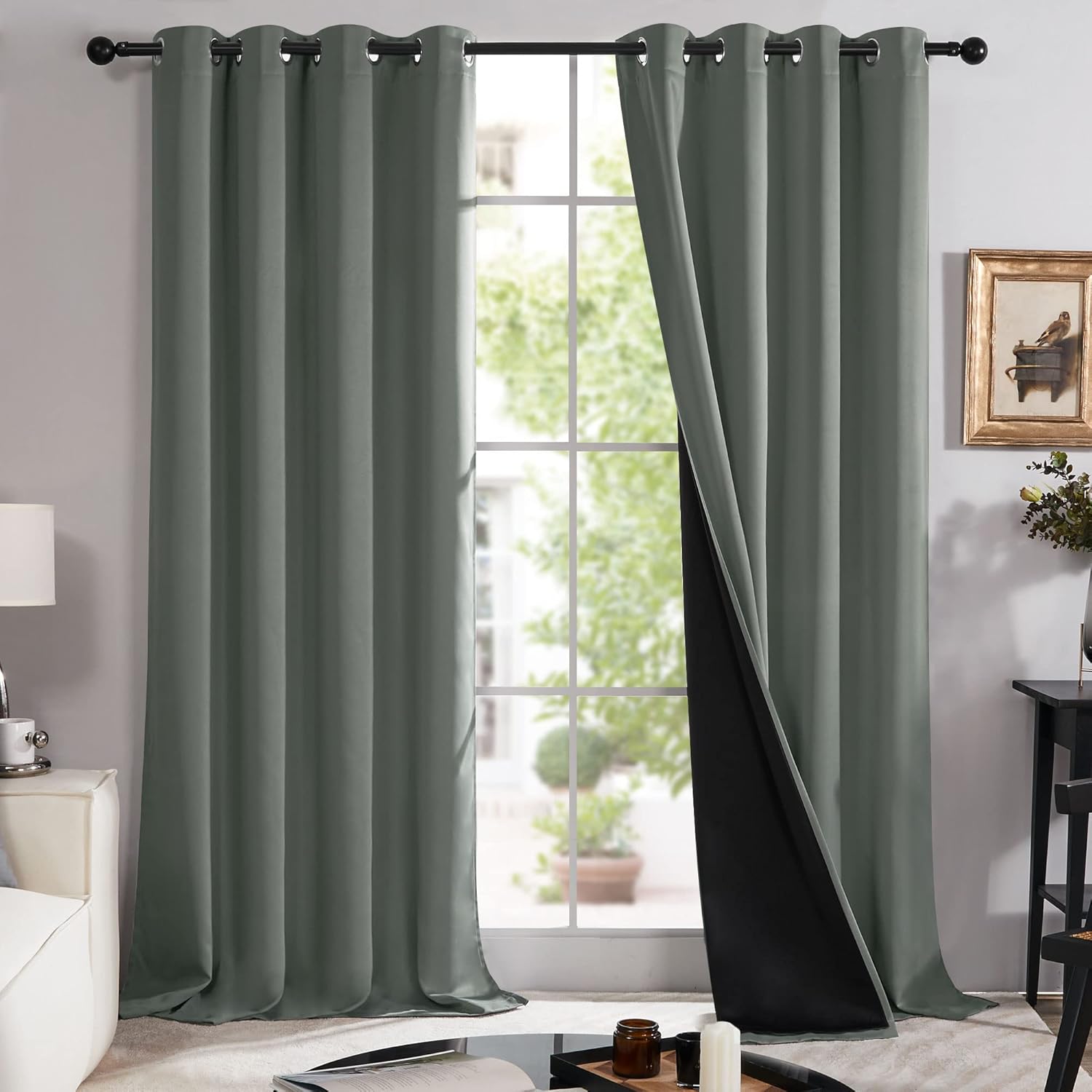 Deconovo 100% Blackout Curtains with Black Liner, Thermal Insulated Noise‑Reducing Grommet Drapes, Double‑Layer Room Darkening for Bedroom, Nursery, Home Office, 2 Panels, Dark Grey, 52W x 84L Dark Grey 52"W x 84"L (Pack of 2) - Image 1 of 9