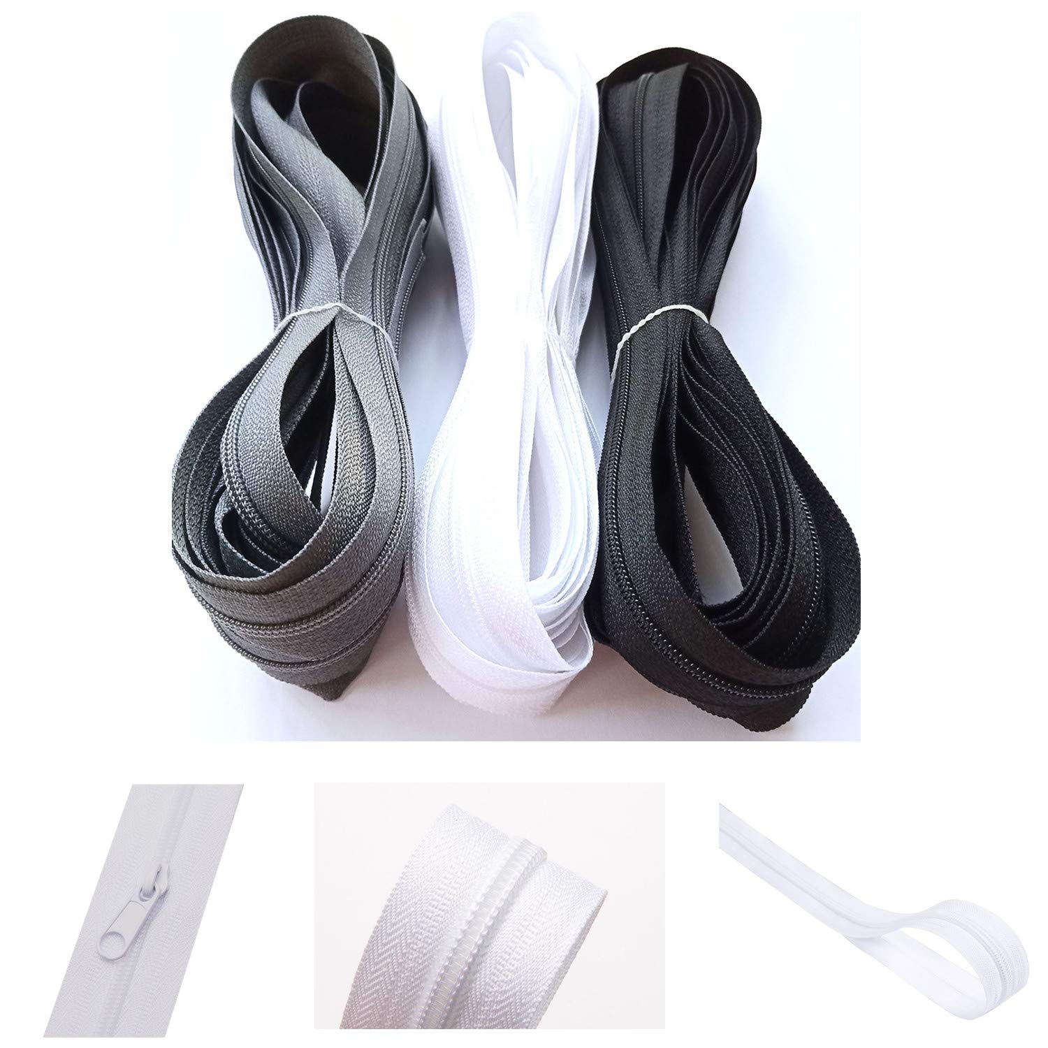 LHZHLE Chiusura lampo infinita da 5 mm, con cerniera: 3,65 m, in nylon nero, chiusura lampo – al metro con 5 cerniere per biancheria da letto e cuscino