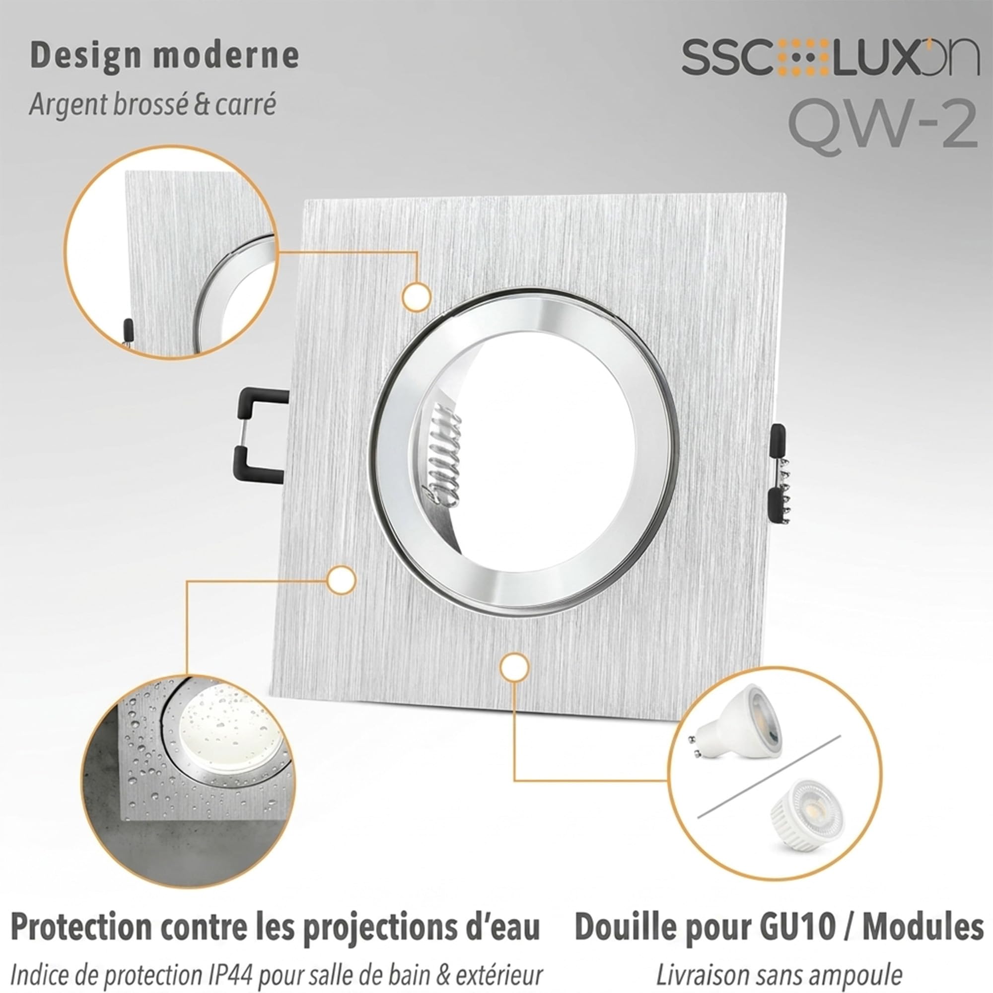 SSC-LUXon QW-2 Spot LED Encastrable Carré Aluminium Brossé IP44 - Lot