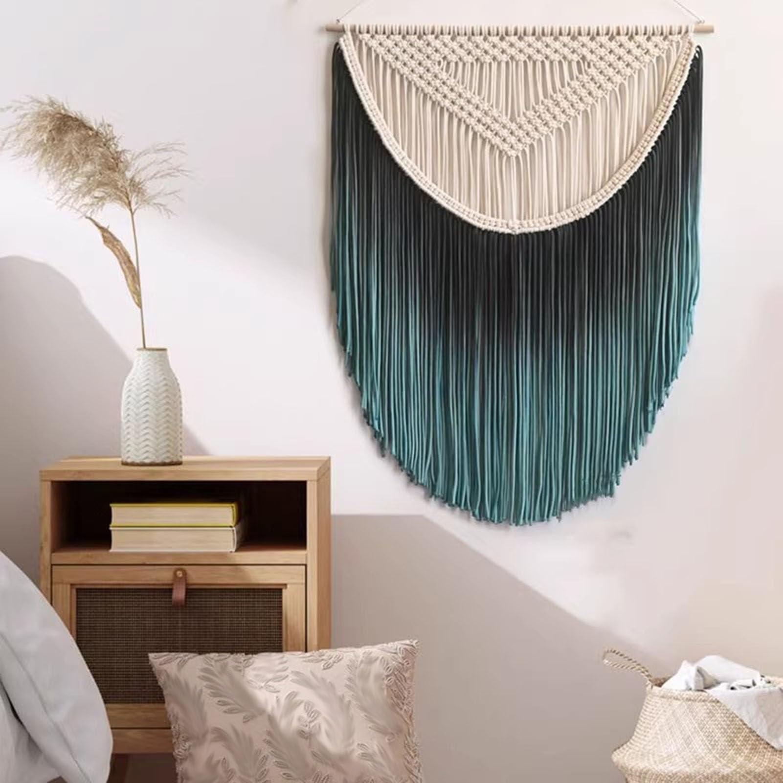 Tapiz De Pared De Macramé Tejido A Mano, para Sala De Estar Y Dormitorio, Tapiz Teñido En Hilo para Fondos De Estudio, Oficina Y Hogar(Dark Green,13.8x25.6in)