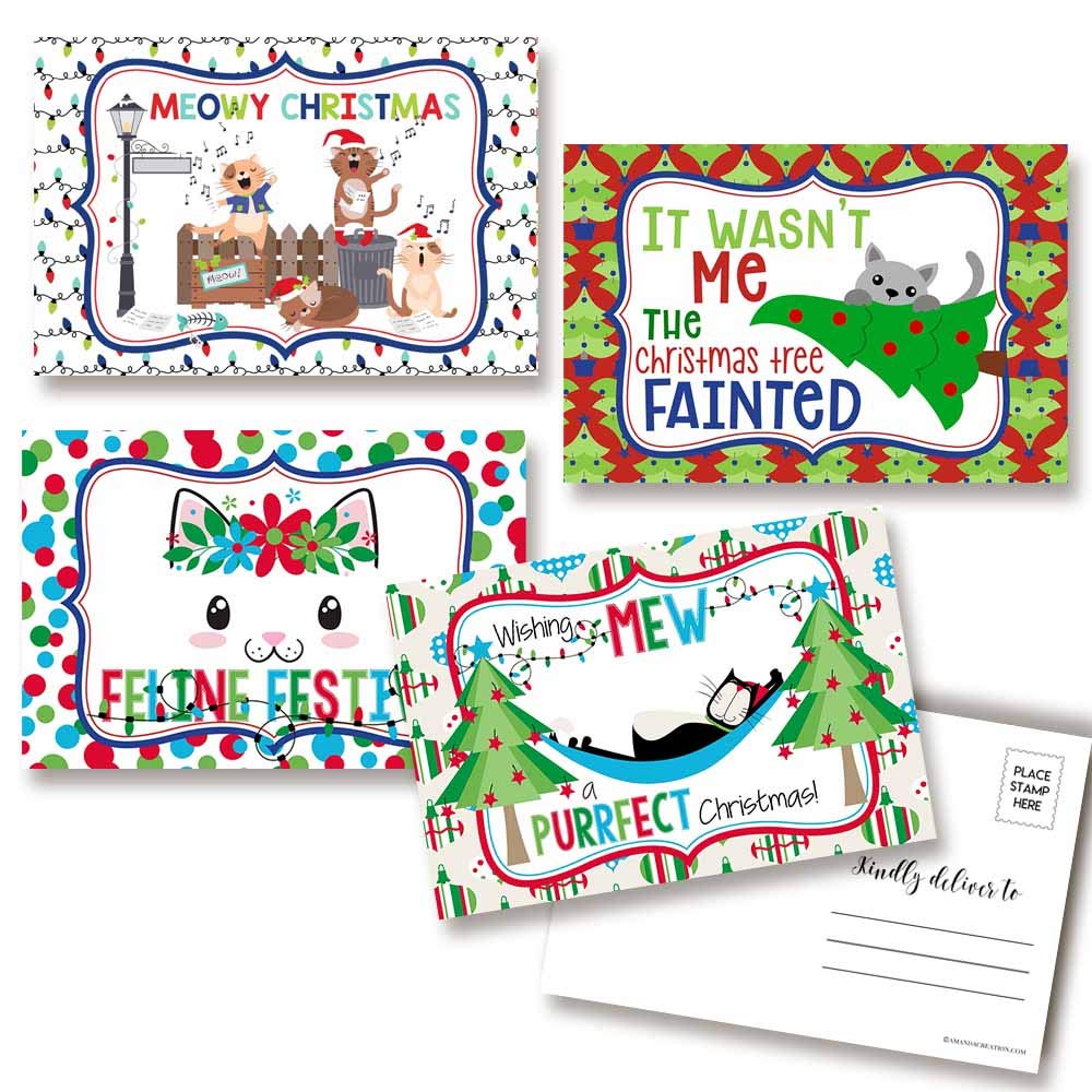 Funny Kitty Cat Themed Merry Christmas Blank Postcards For Adults To Send To Friends & Family, 4"x6" Fill In Notecards (4 Different Designs) by