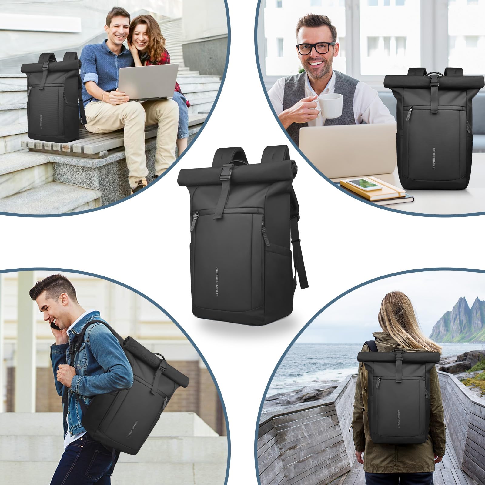 hk Zaino Roll Top Uomo Donna, Espandibile Zaino Porta PC 15,6 Pollici | Antipioggia e Antifurto per Tempo Libero, Ufficio, Università, Pendolari, Nero(20‑27 L)