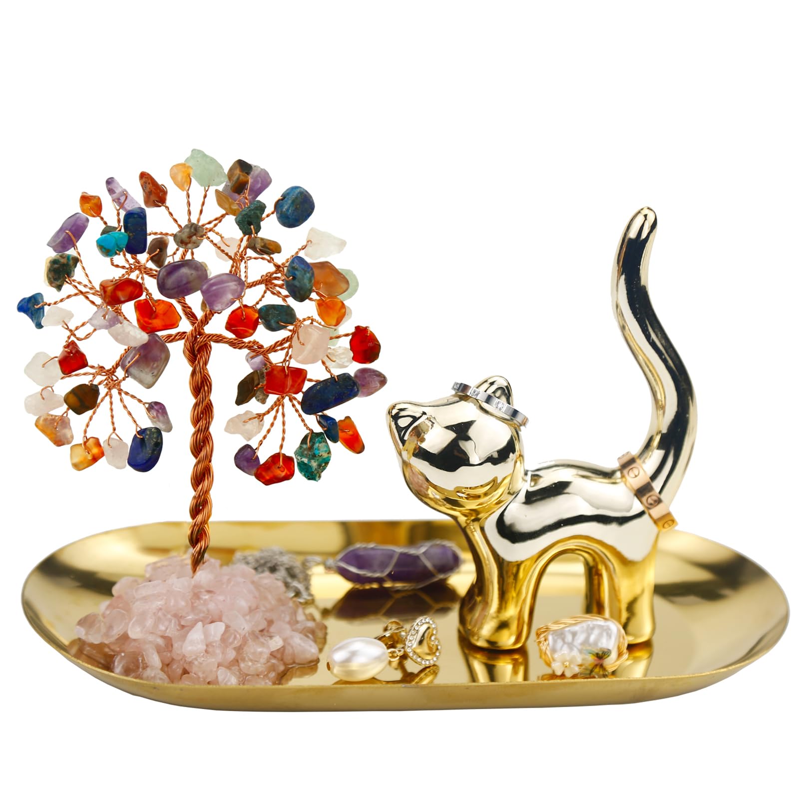 Cat Ring Holder Cat Lovers Gifts for Women, Crystal Tree Ring Dish Earrings Jewelry Box Organizer Trinket Tray, Birthday Gifts for Teen girls Trendy Stuff