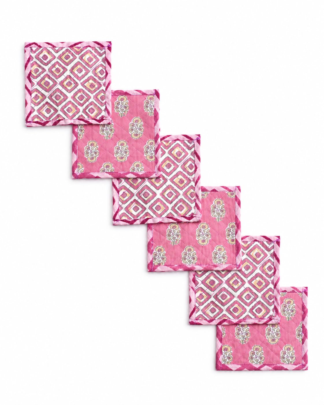 Yukti Pink Paisley Reversible Quilted Cotton Fabric Coaster Set of 6 with Storage Pouch | Handmade Double-Sided Drink Coasters for Tea, Coffee & Dining Tables | Floral & Geometric Table Accessories-image-26