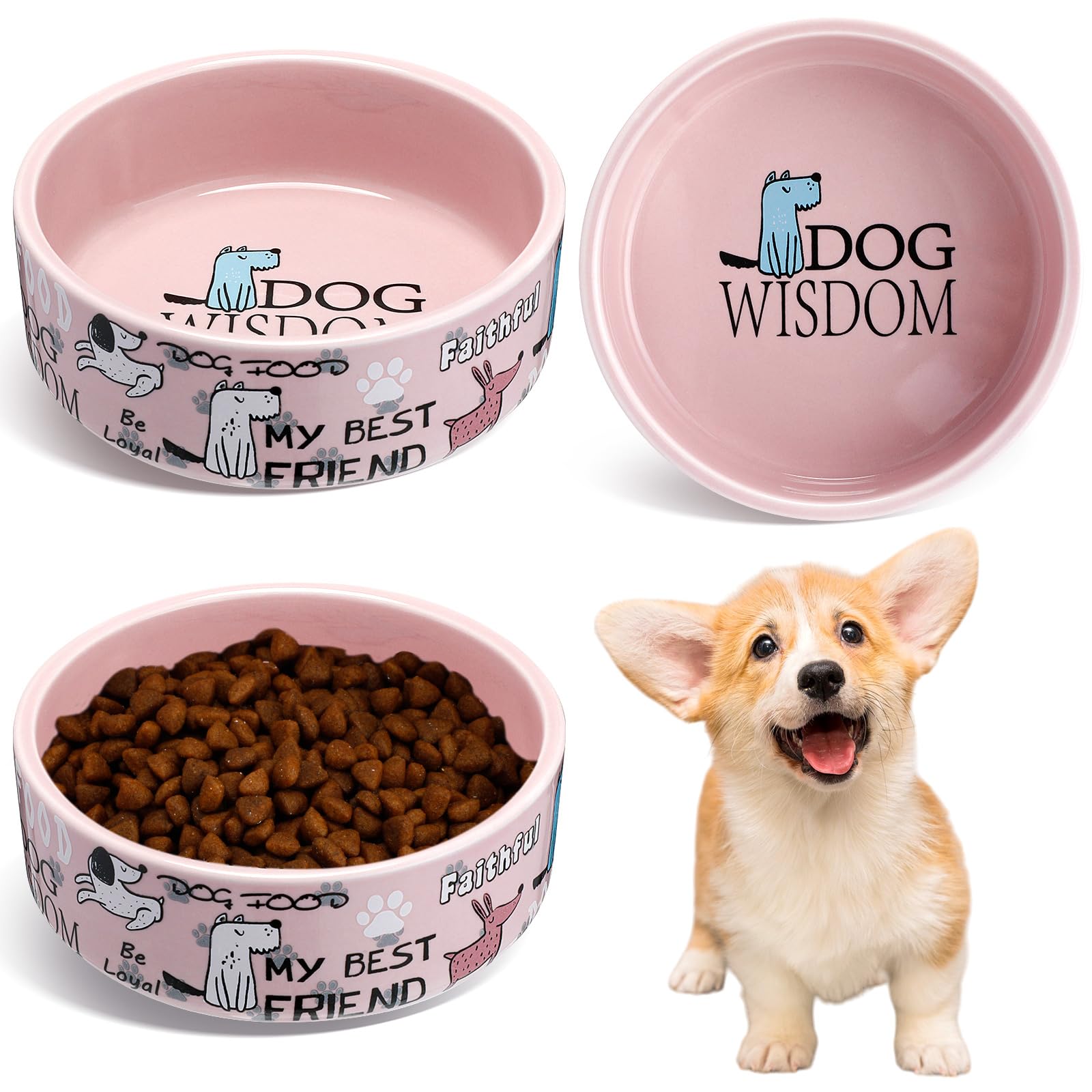 Maxcheck 2 cuencos de cerámica para perros de 5 pulgadas para perros pequeños, lindos cuencos de dibujos animados para cachorros y gatos, platos pesados para alimentos y agua, para mascotas, para
