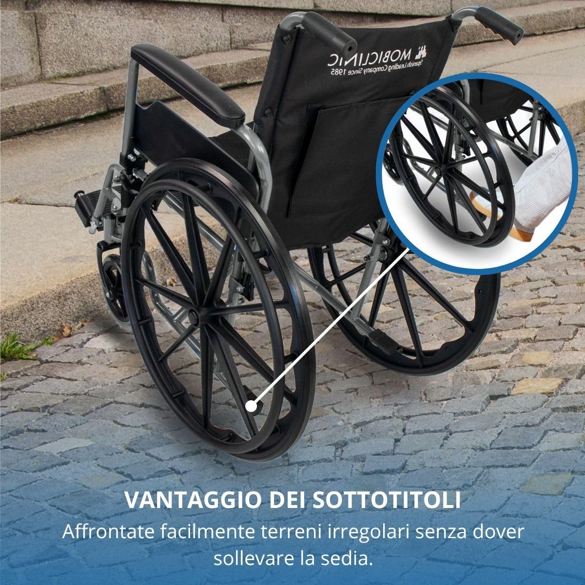Mobiclinic®, Sedia a rotelle pieghevole, Semovente, Marchio europeo, Robusta, Seduta 46cm, Poggiapiedi e braccioli pieghevoli rimovibili, Leva del freno, Ruote sgancio rapido, Argento, Marsella